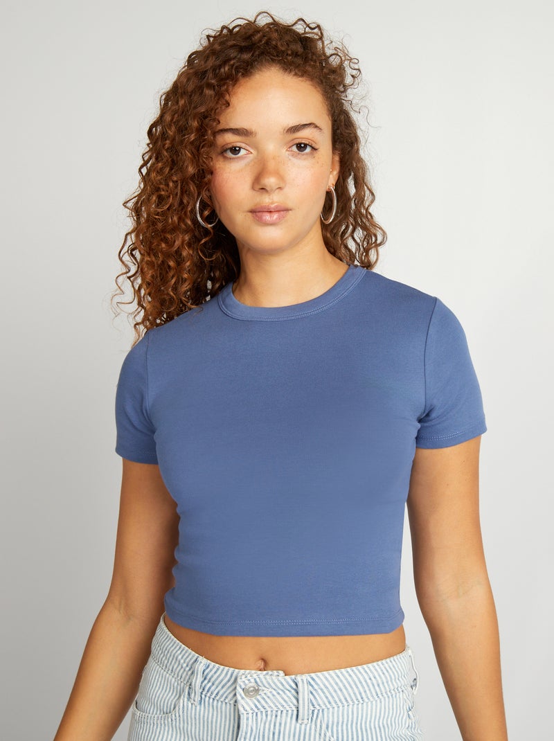 T-shirt cropped manga curta AZUL - Kiabi