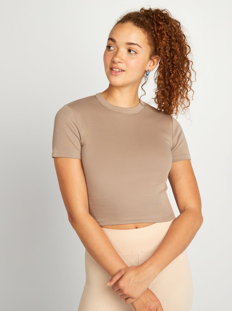 T-shirt cropped manga curta BEGE - Kiabi