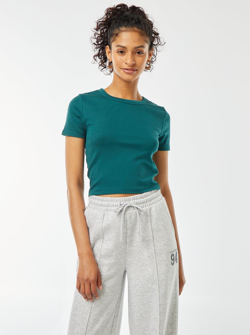 T-shirt cropped manga curta Bege - Kiabi