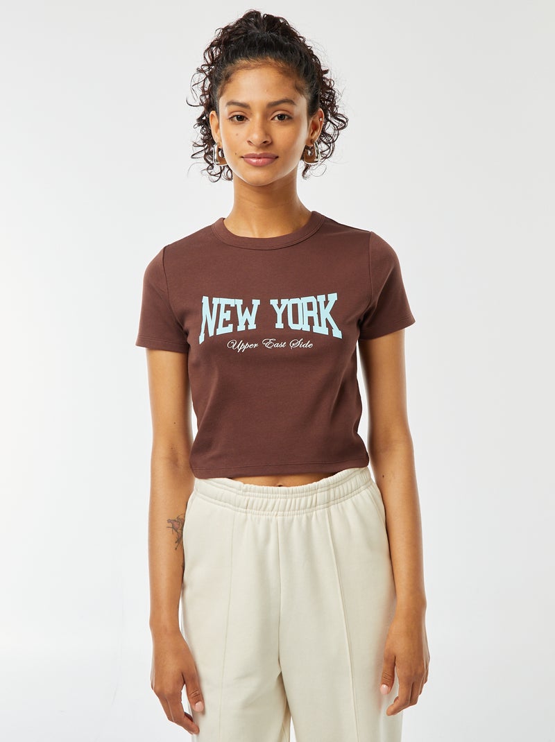 T-shirt cropped manga curta Castanho - Kiabi