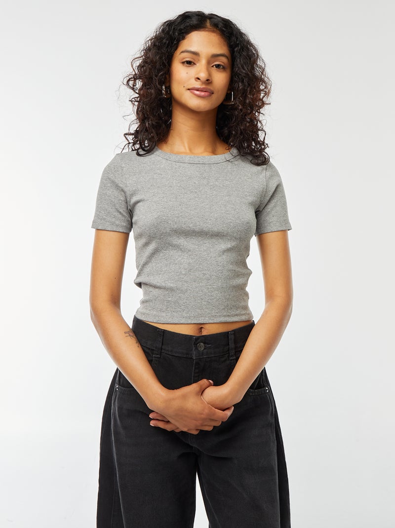 T-shirt cropped manga curta Cinza - Kiabi