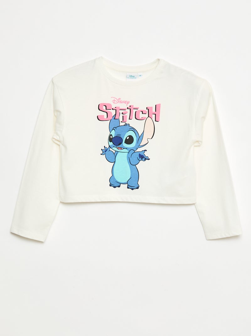 T-shirt cropped 'Stitch' de mangas compridas e gola redonda Branco - Kiabi