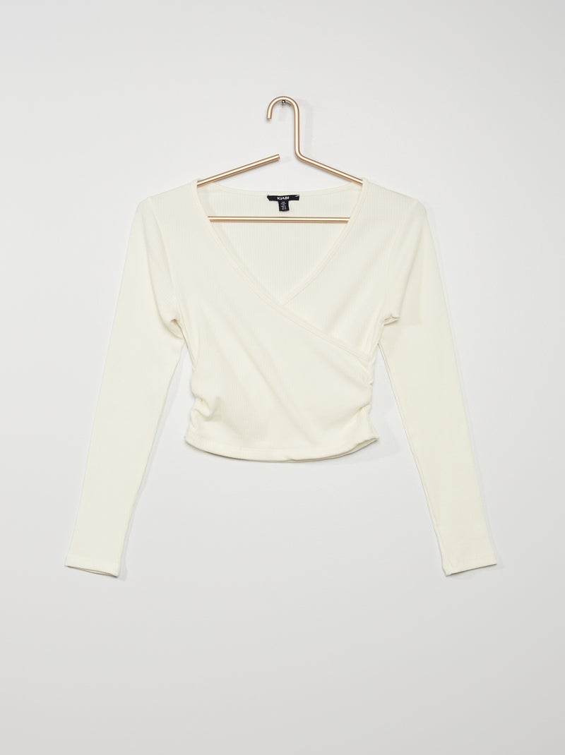 T-shirt cruzada em malha nervurada Branco - Kiabi