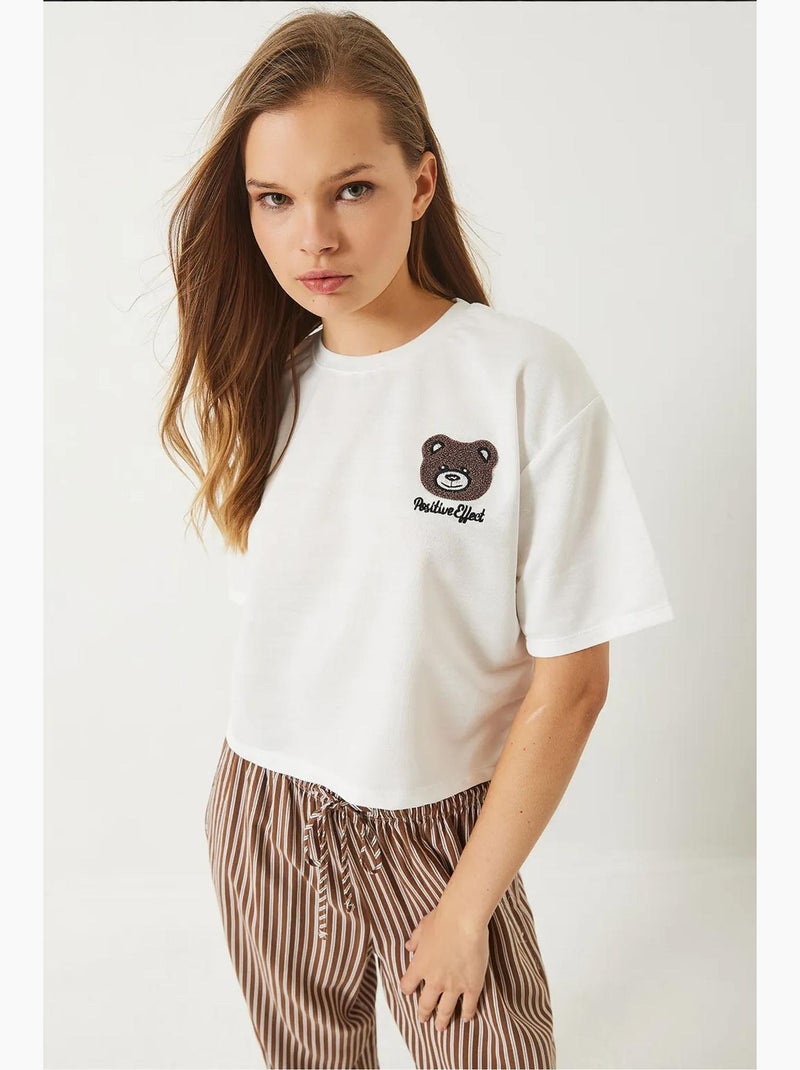 T-shirt curta bordada com decote redondo lucci Branco - Kiabi