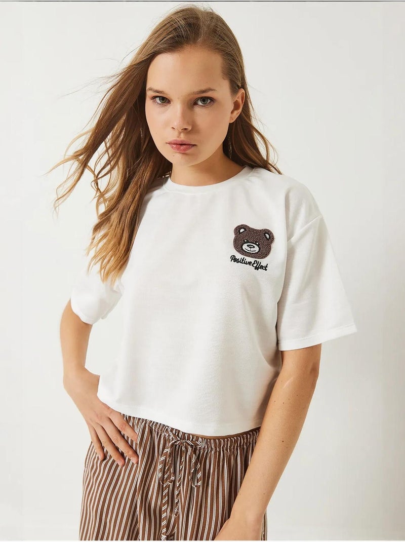 T-shirt curta bordada com decote redondo lucci Branco - Kiabi