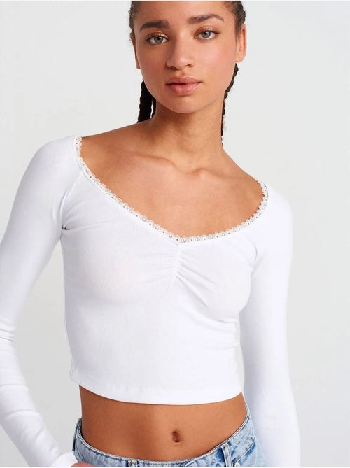 T-shirt curta canelada de mulher dilvin - Kiabi T-shirt curta canelada de mulher dilvin - Kiabi