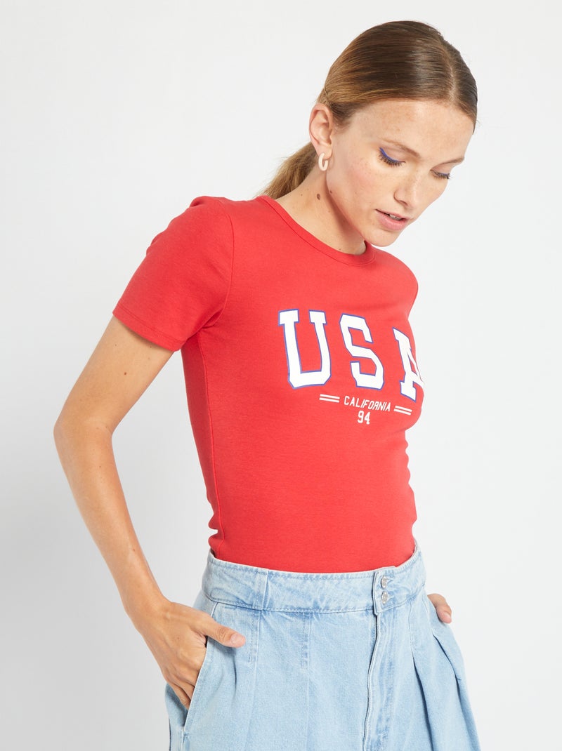 T-shirt curta com estampado estilo universidade VERMELHO - Kiabi