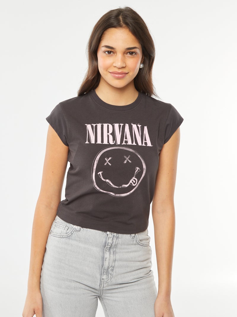 T-shirt curta com estampado 'Nirvana' PRETO - Kiabi