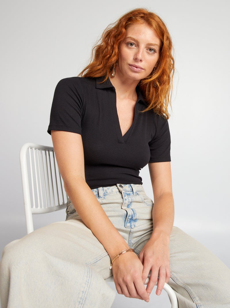 T-shirt curta com gola de polo Preto - Kiabi