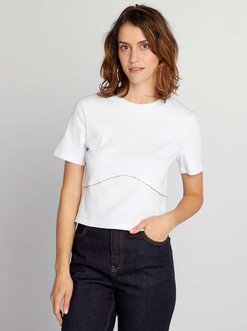 T-shirt curta com linha de ouropel BRANCO - Kiabi