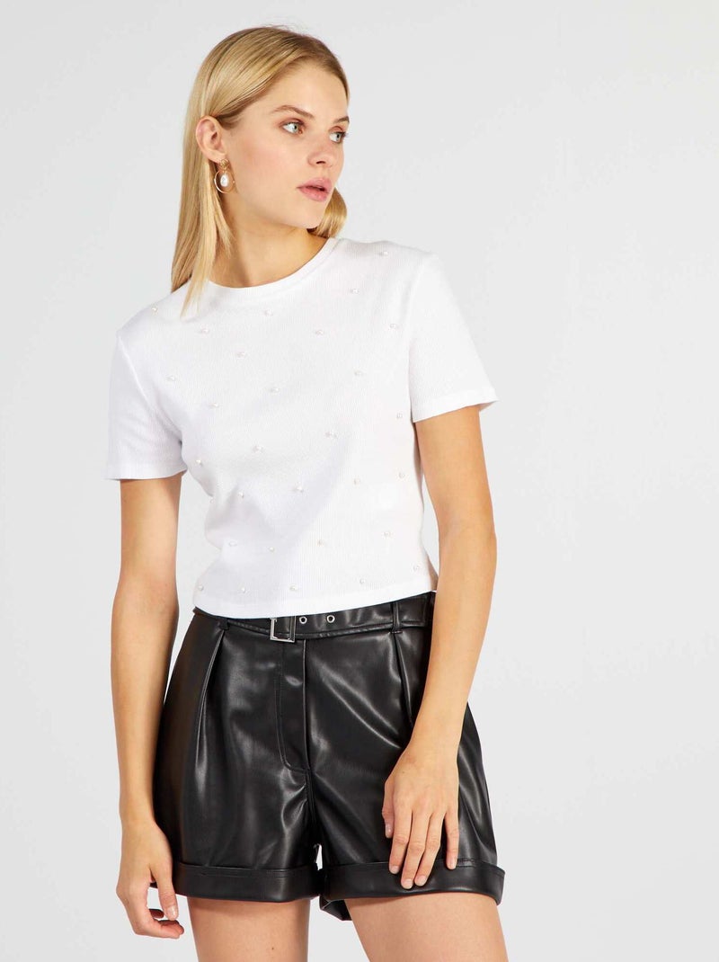 T-shirt curta com missangas Branco - Kiabi