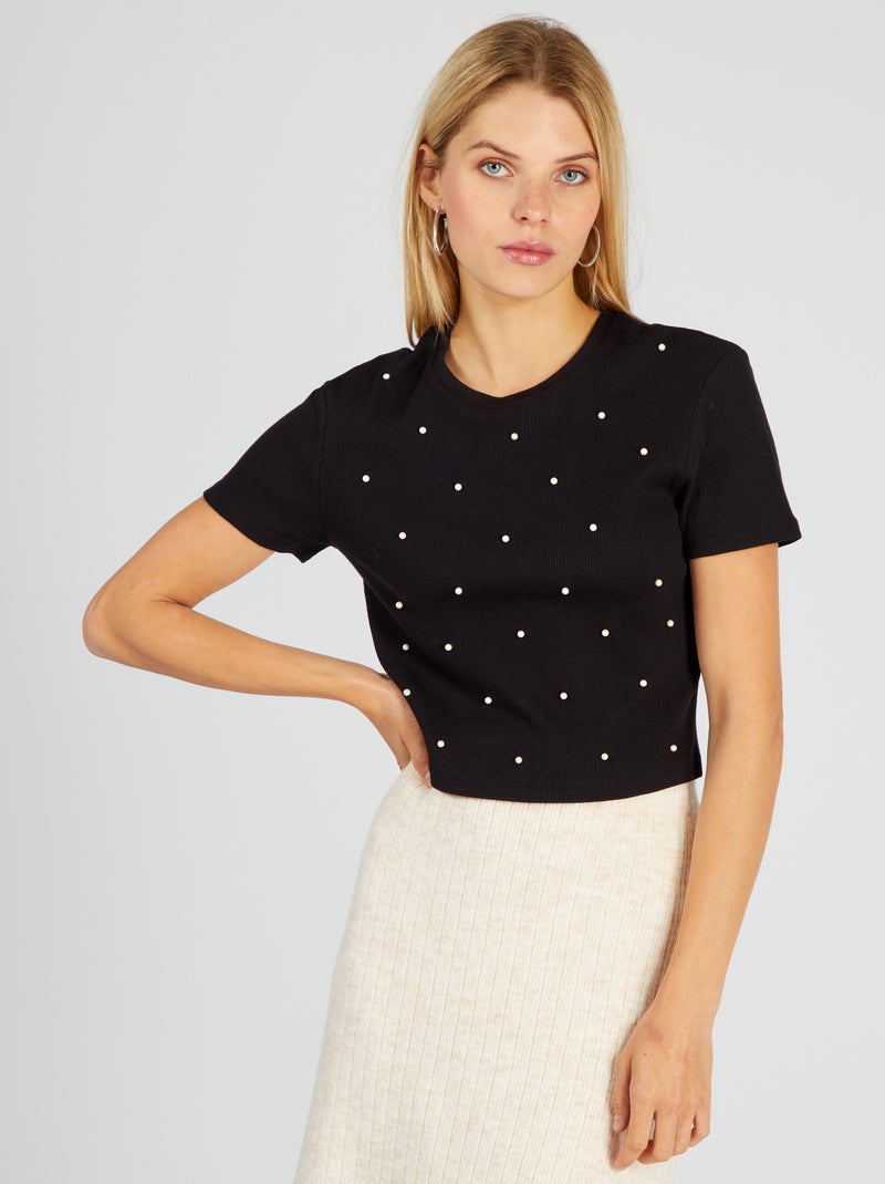 T-shirt curta com missangas Preto - Kiabi