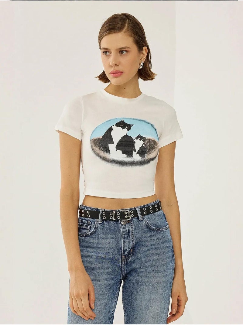 T-shirt curta de algodão estampada hiccup Branco - Kiabi