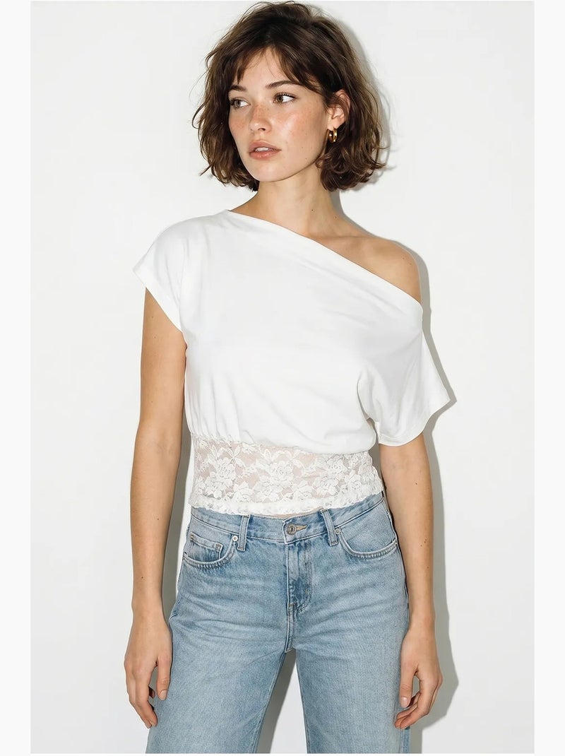 T-shirt curta de um ombro só renda manga curta lucci Branco - Kiabi