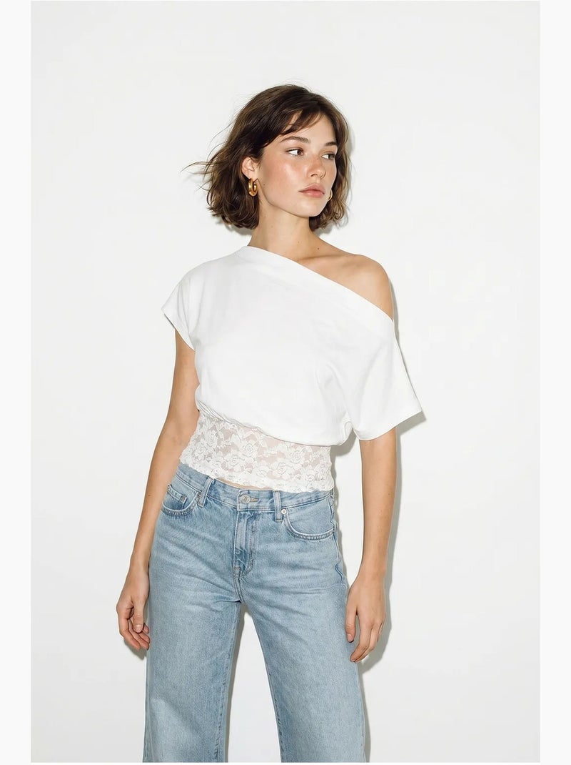 T-shirt curta de um ombro só renda manga curta lucci Branco - Kiabi
