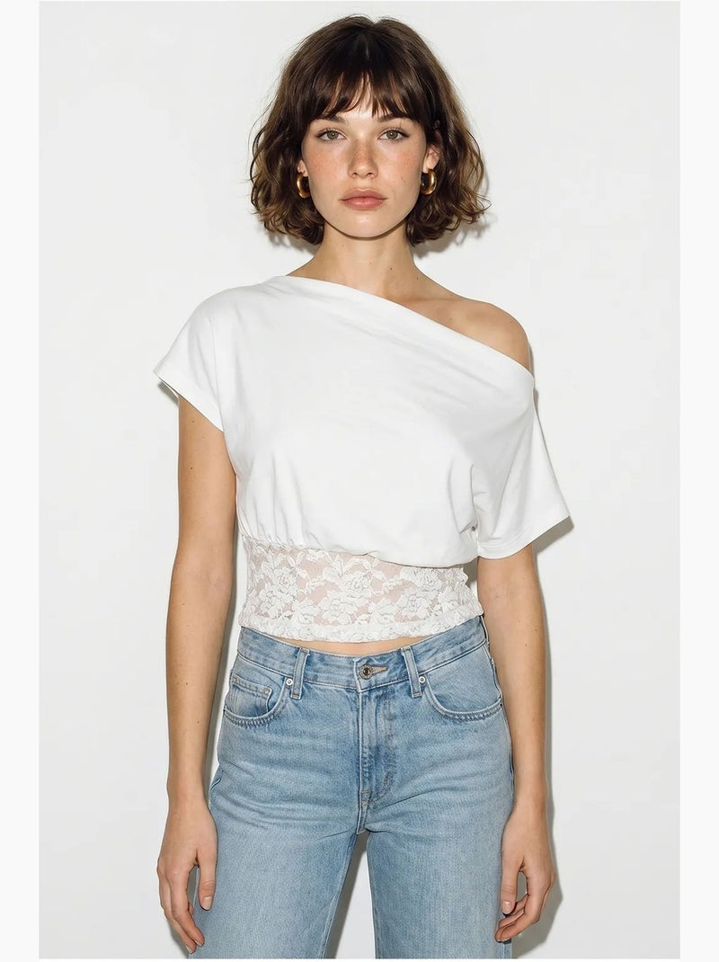 T-shirt curta de um ombro só renda manga curta lucci Branco - Kiabi