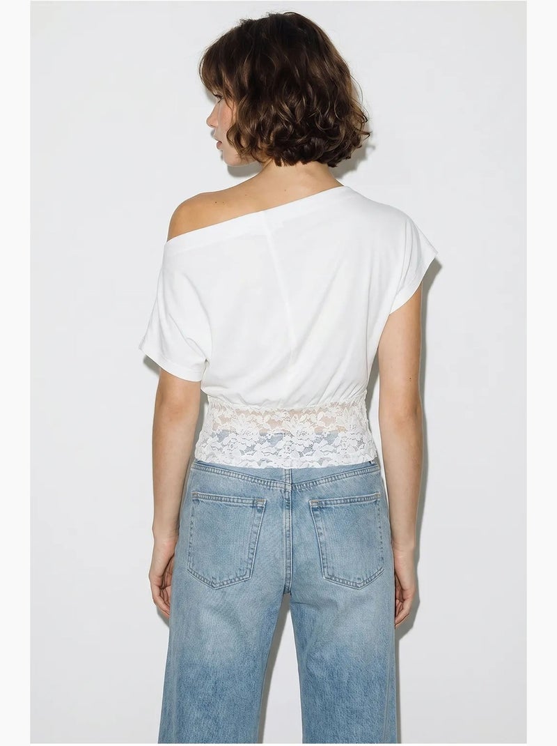 T-shirt curta de um ombro só renda manga curta lucci Branco - Kiabi
