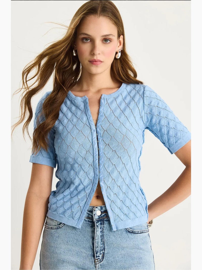 T-shirt curta decote v botões algodão misto texturizada lucci Azul-céu - Kiabi