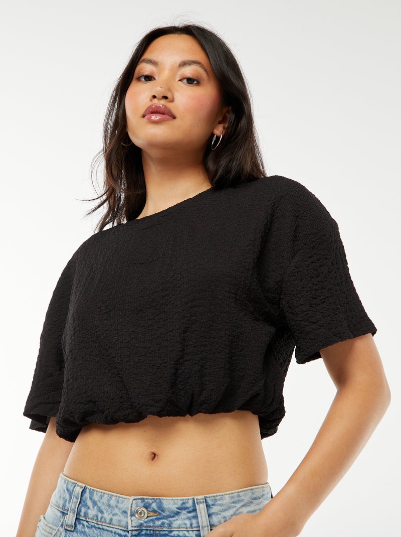 T-shirt curta em malha gofrada Preto - Kiabi