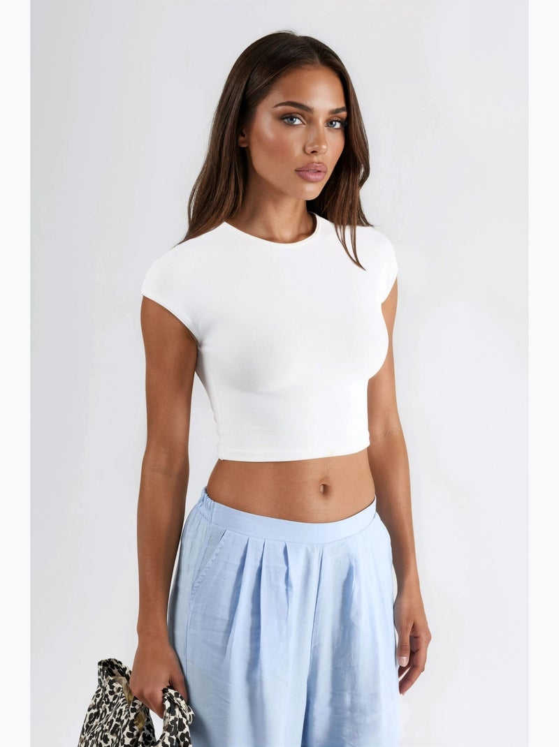 T-shirt curta lisa com gola redonda busem Branco - Kiabi