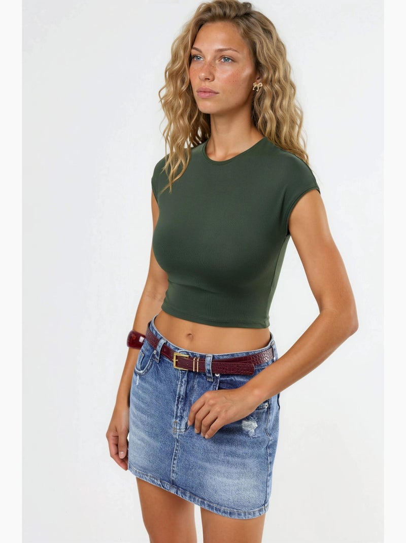 T-shirt curta lisa com gola redonda busem Cáqui - Kiabi