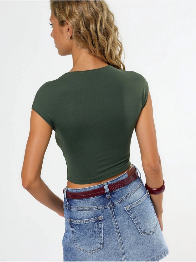 T-shirt curta lisa com gola redonda busem Cáqui - Kiabi