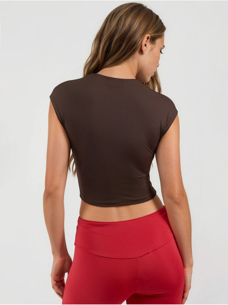 T-shirt curta lisa com gola redonda busem Castanho - Kiabi