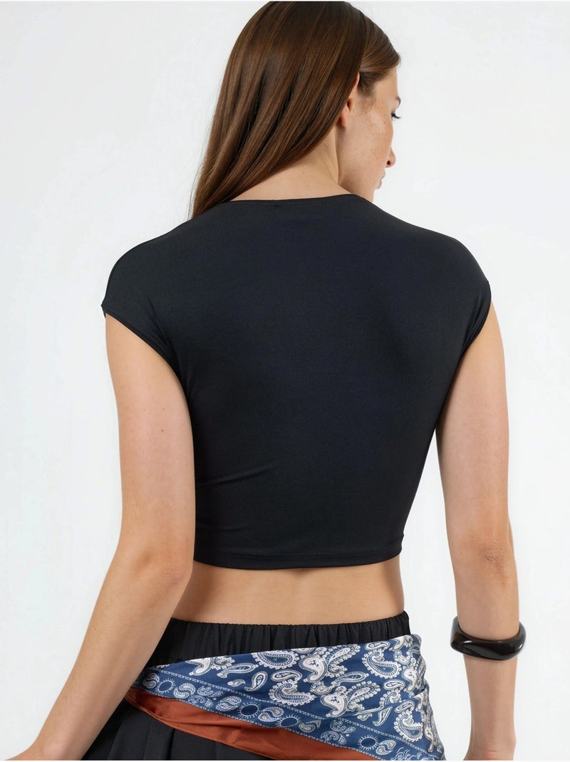 T-shirt curta lisa com gola redonda busem Preto - Kiabi