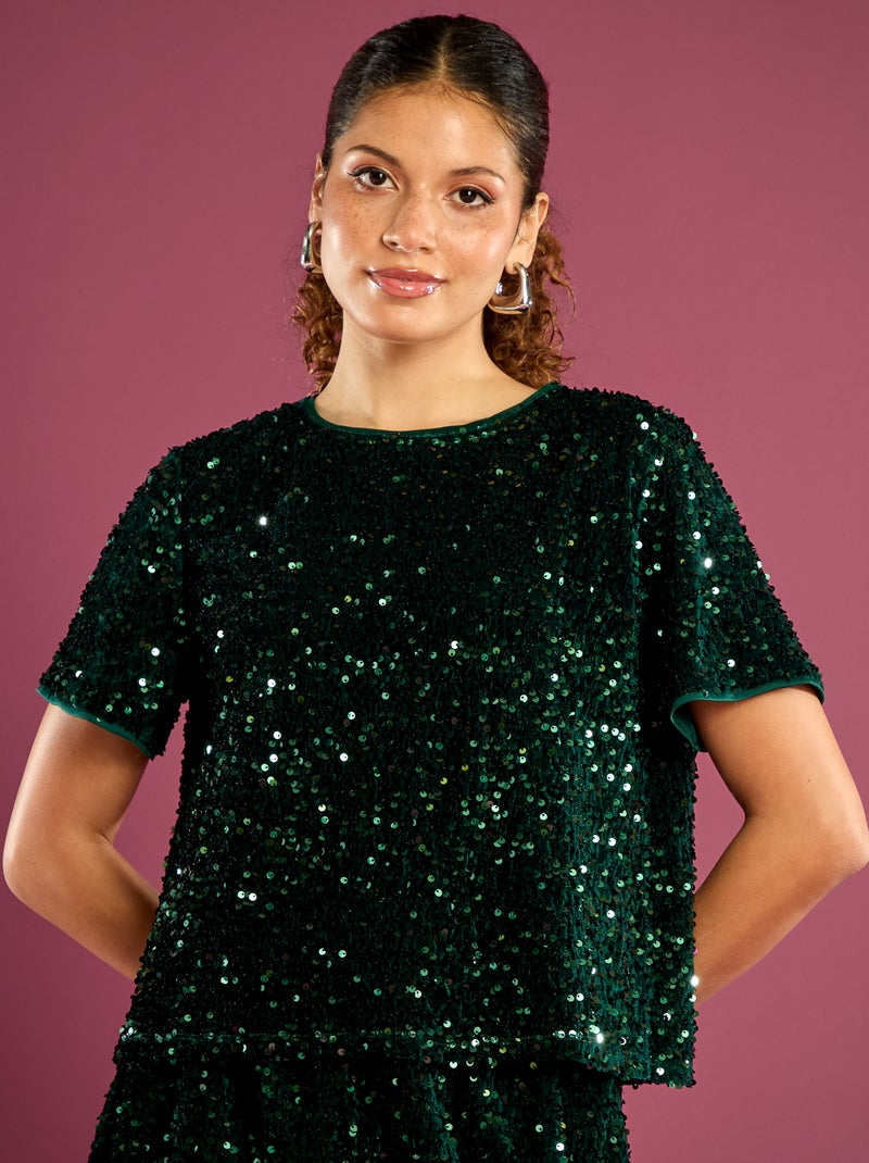 T-shirt curto com lantejoulas Verde - Kiabi