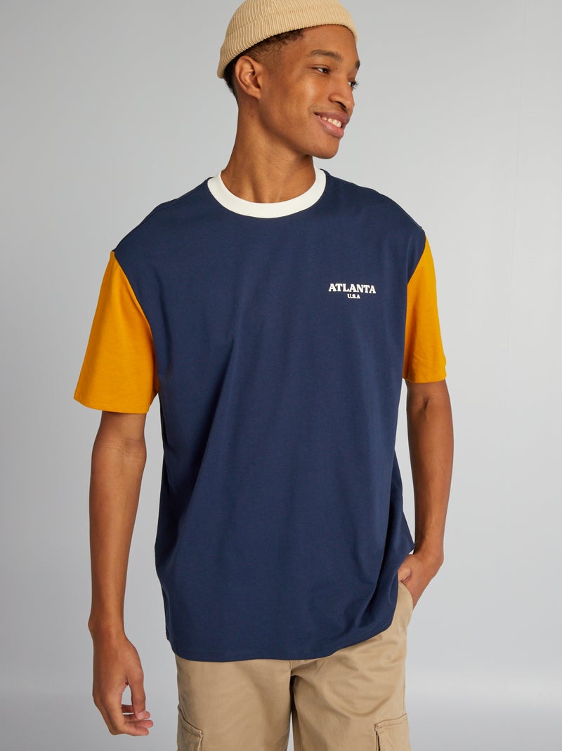 T-shirt de algodão color-block com gola redonda (+ de 1,90 m) AMARELO - Kiabi