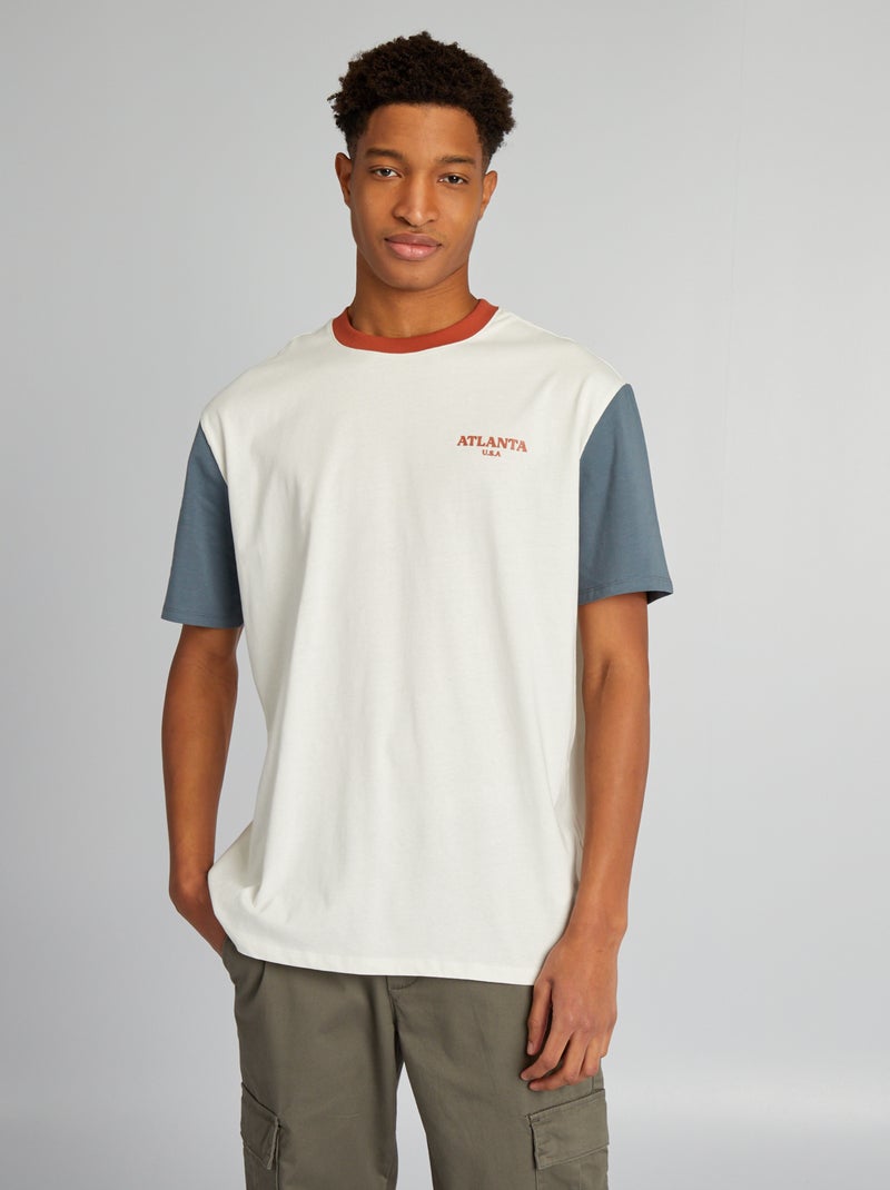 T-shirt de algodão color-block com gola redonda (+ de 1,90 m) CINZA - Kiabi