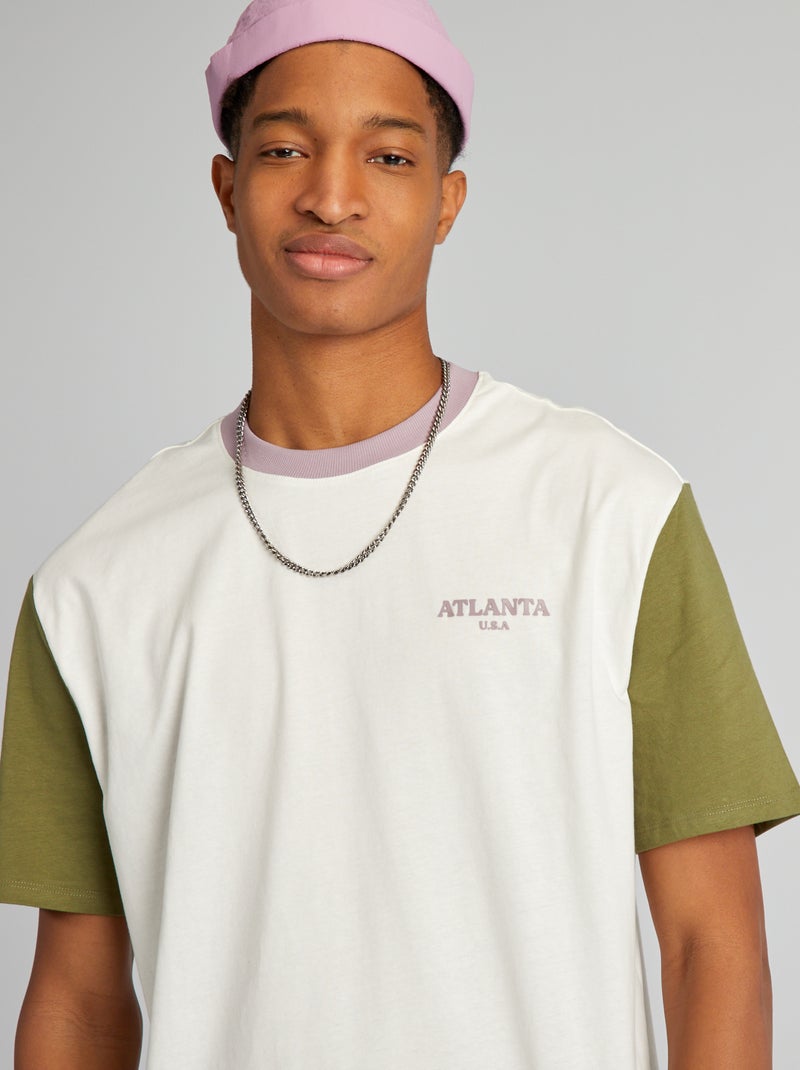 T-shirt de algodão color-block com gola redonda (+ de 1,90 m) Verde - Kiabi
