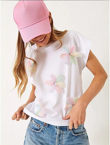 T-shirt de algodão com bordado floral e decote redondo lucci
