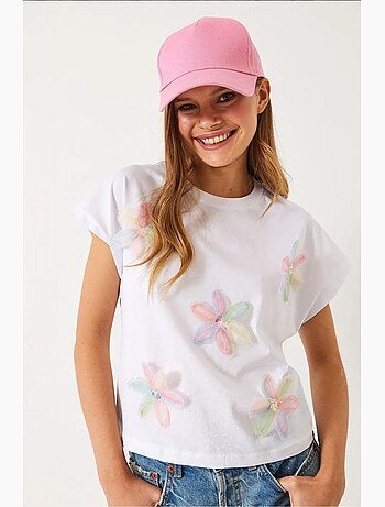 T-shirt de algodão com bordado floral e decote redondo lucci