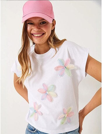 T-shirt de algodão com bordado floral e decote redondo lucci