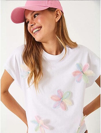 T-shirt de algodão com bordado floral e decote redondo lucci