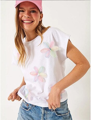 T-shirt de algodão com bordado floral e decote redondo lucci