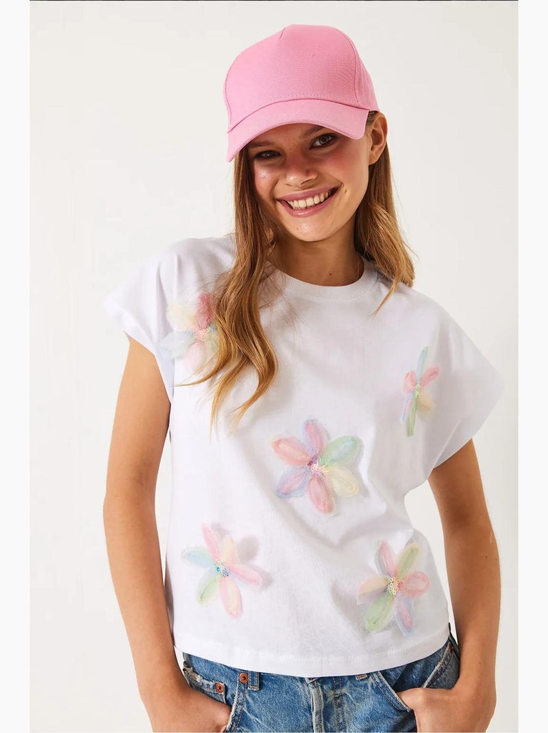 T-shirt de algodão com bordado floral e decote redondo lucci Branco - Kiabi