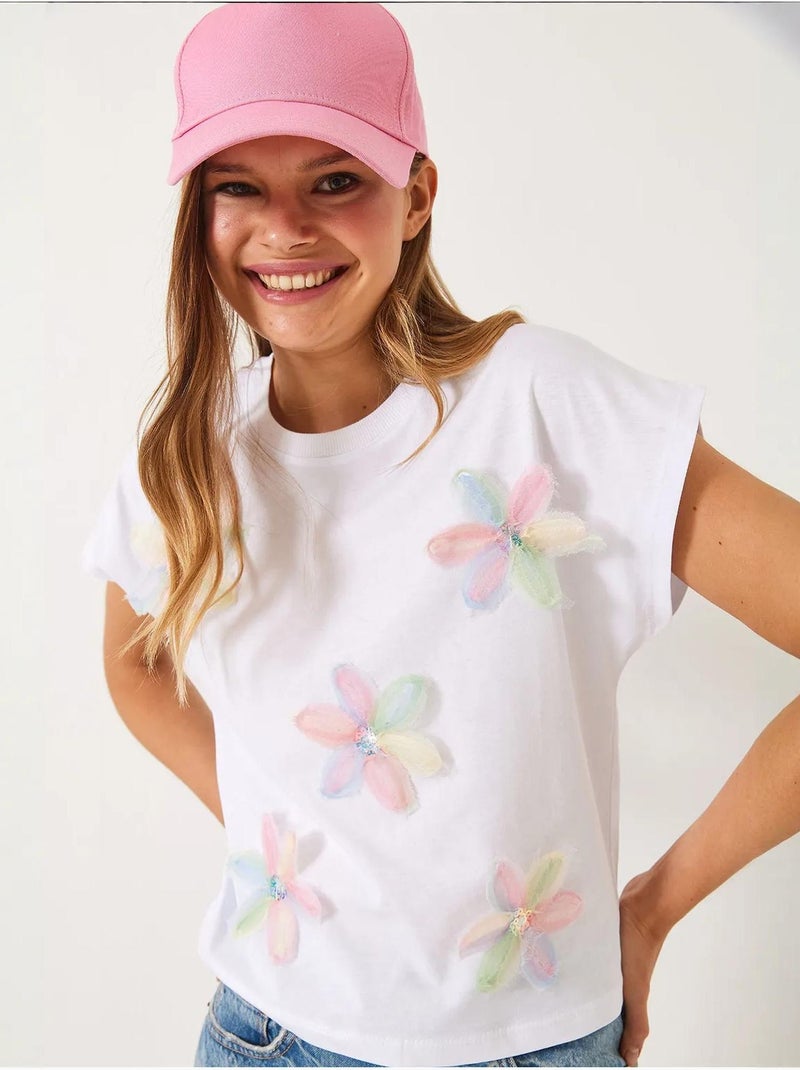 T-shirt de algodão com bordado floral e decote redondo lucci Branco - Kiabi