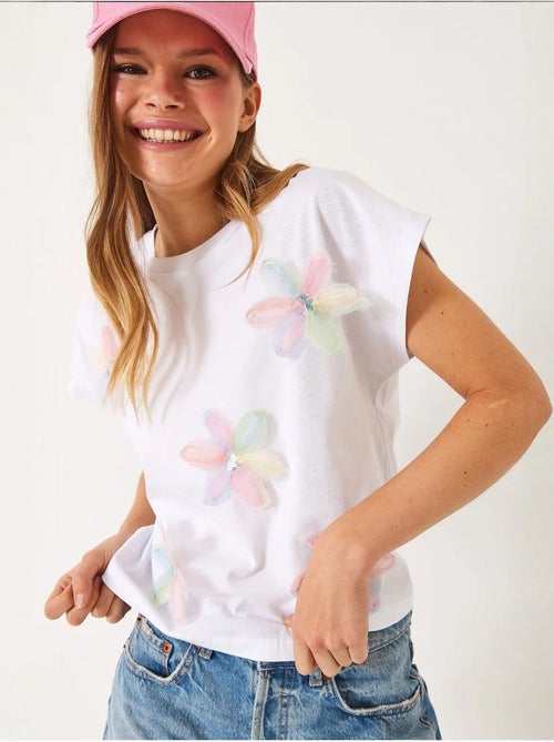 T-shirt de algodão com bordado floral e decote redondo lucci - Kiabi T-shirt de algodão com bordado floral e decote redondo lucci - Kiabi
