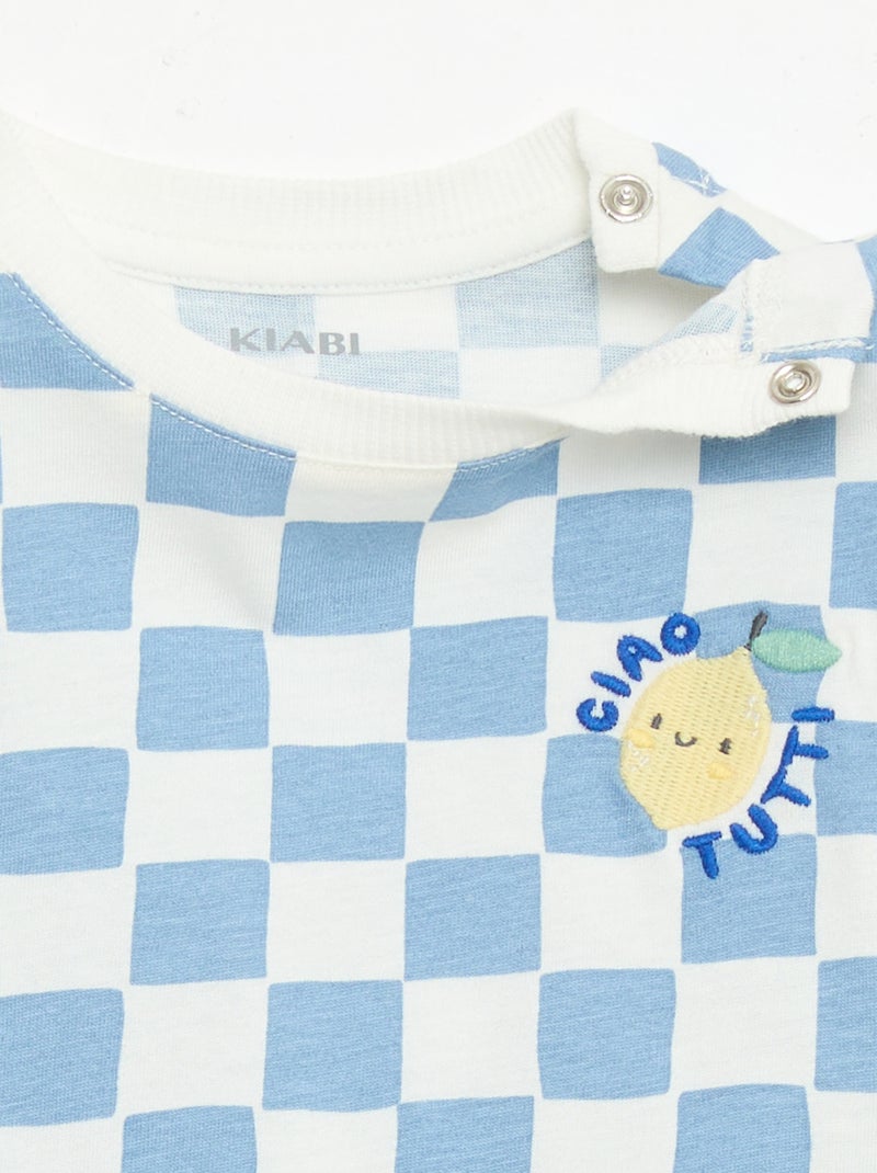 T-shirt de algodão com bordado no peito Azul - Kiabi