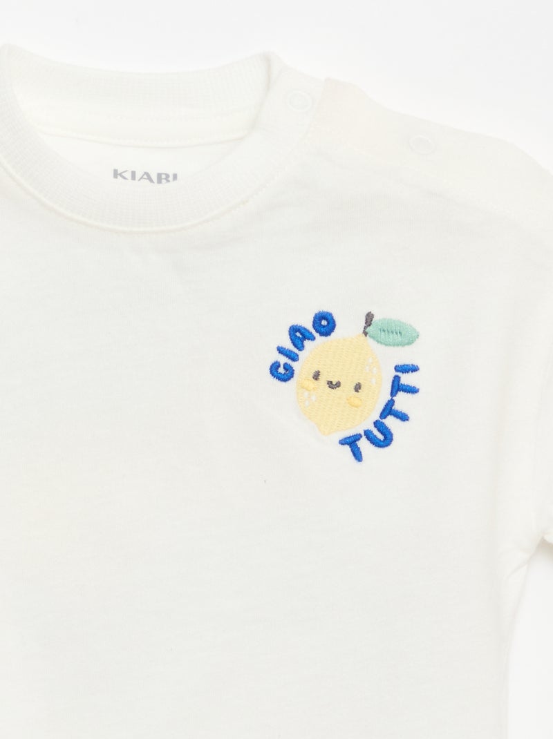 T-shirt de algodão com bordado no peito Branco - Kiabi