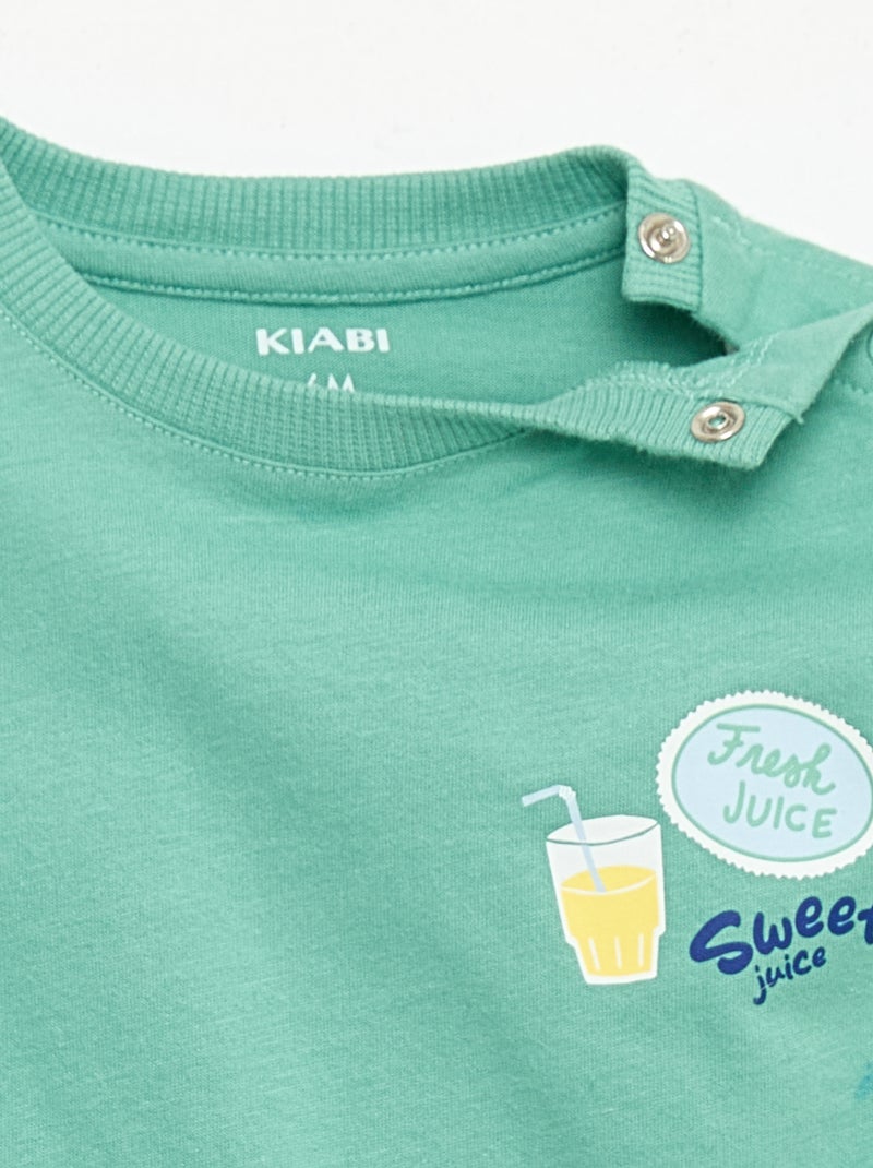 T-shirt de algodão com bordado no peito Verde - Kiabi