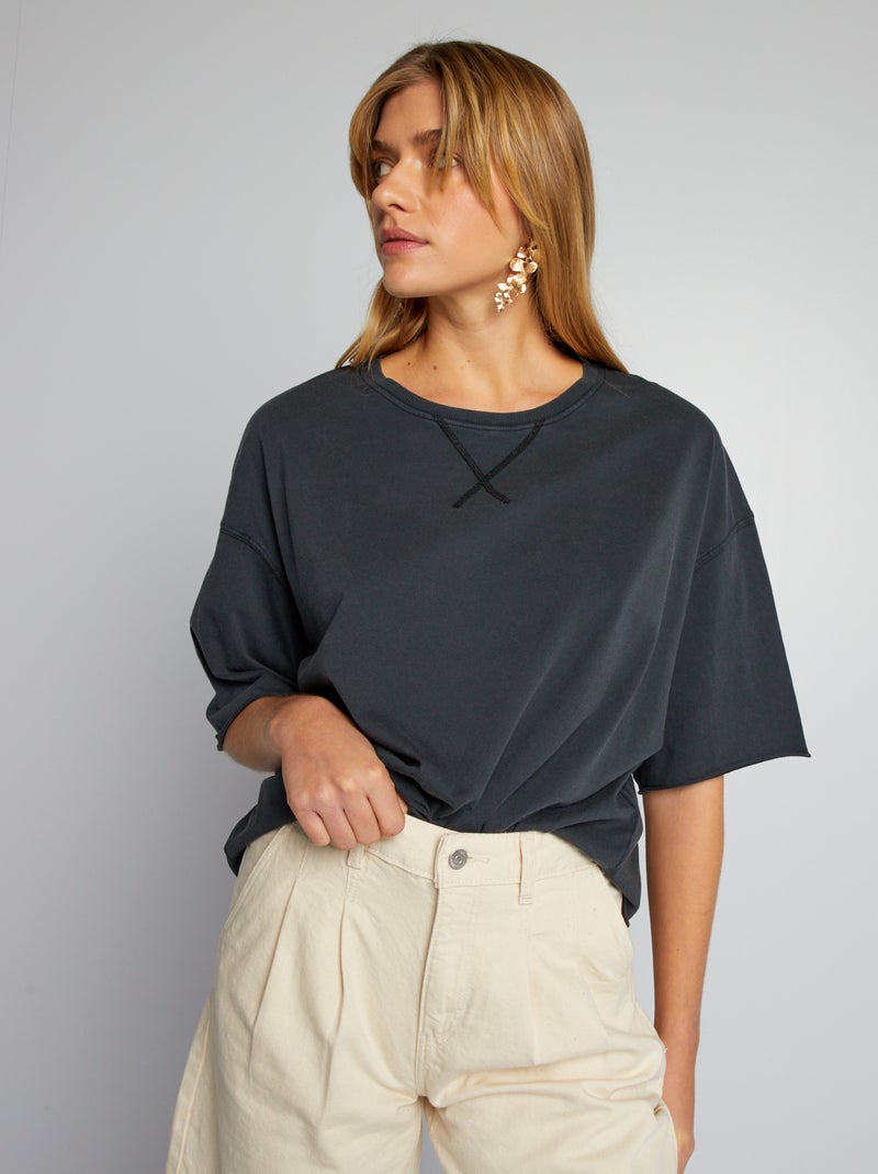 T-shirt de algodão com cavas caídas Preto - Kiabi