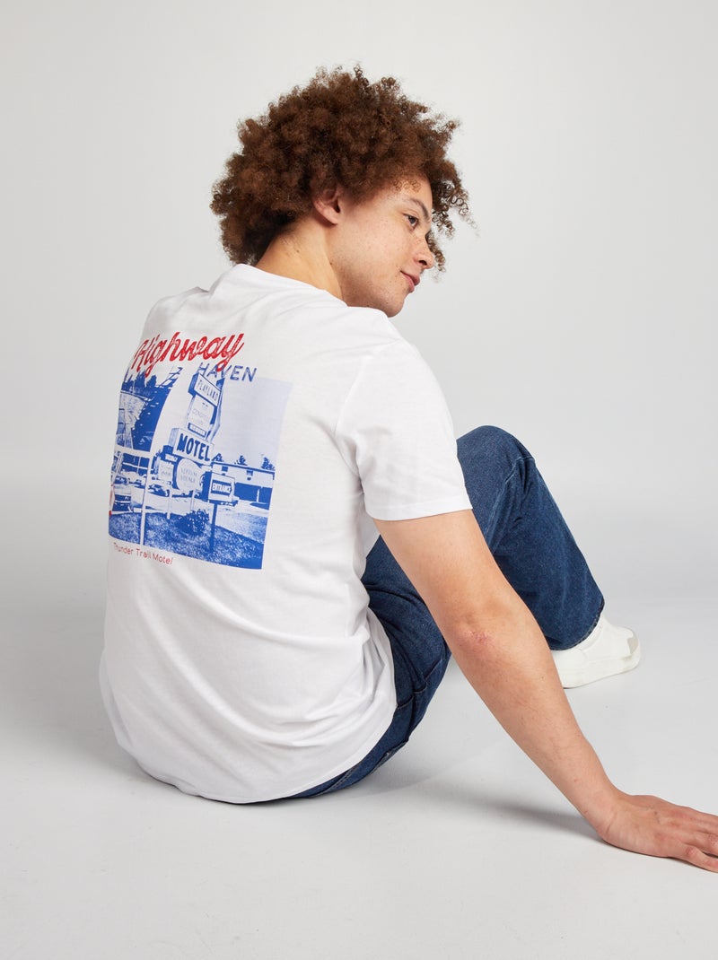 T-shirt de algodão com corte direito e estampado BRANCO - Kiabi