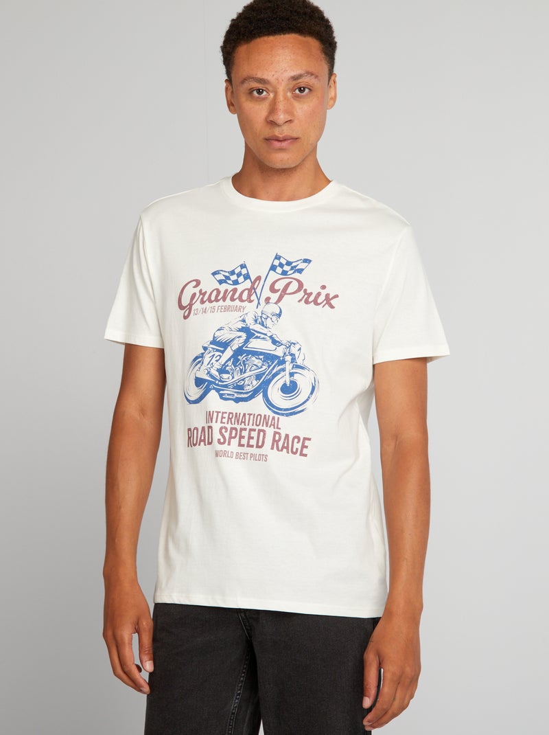T-shirt de algodão com corte direito e estampado BRANCO - Kiabi