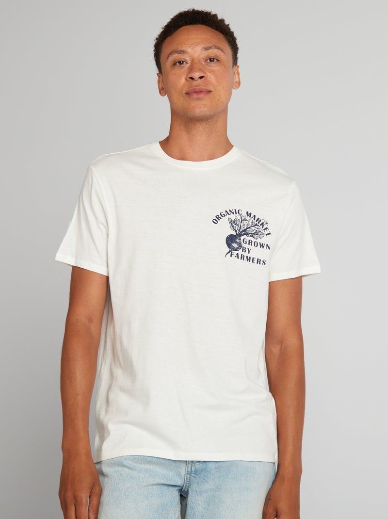T-shirt de algodão com corte direito e estampado BRANCO - Kiabi
