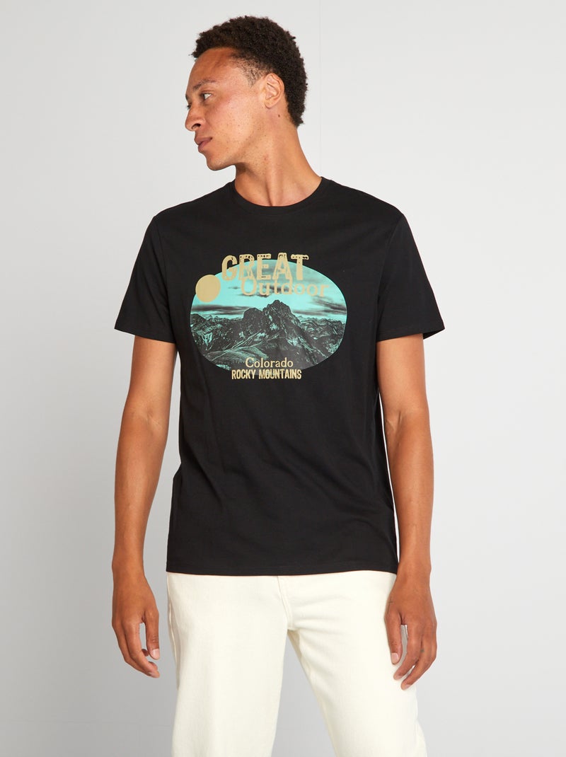 T-shirt de algodão com corte direito e estampado PRETO - Kiabi