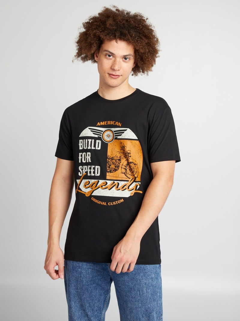 T-shirt de algodão com corte direito e estampado PRETO - Kiabi