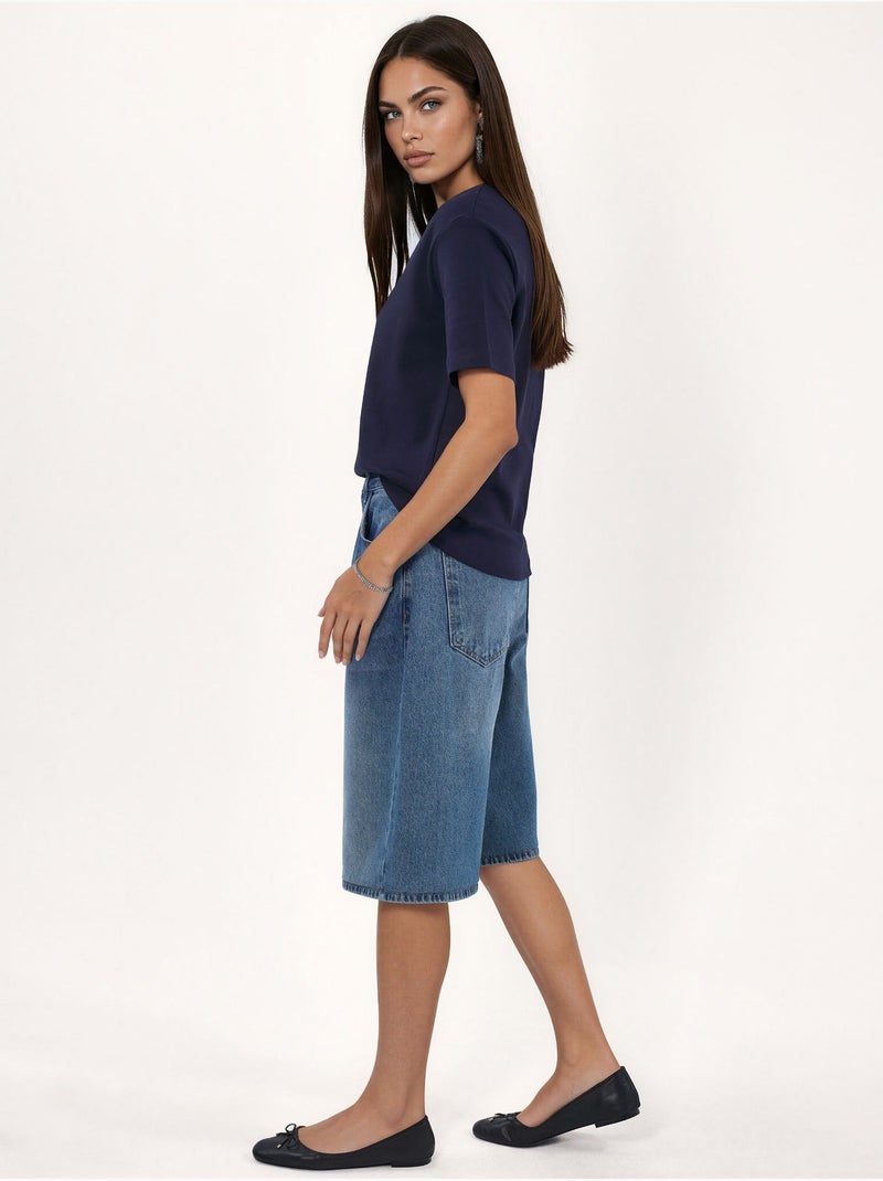 T-shirt de algodão com decote em v de corte regular e cor lisa busem Azul-marinho - Kiabi